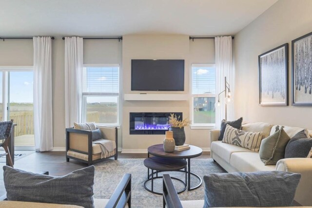 707 Thomas St, Tiffin, IA 52340 - living room with plenty of natural light, baseboards, wood finished floors, and a glass covered fireplace