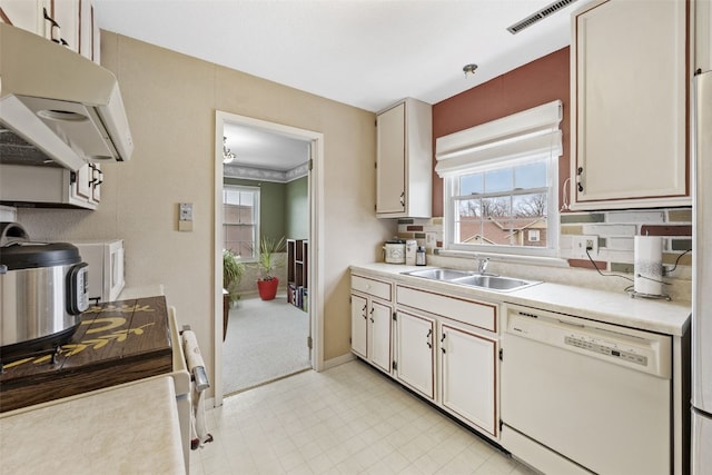 kitchen with a sink, plenty of natural light, extractor fan, and white appliances