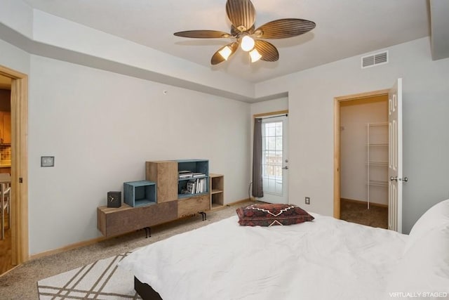 bedroom with visible vents, baseboards, a ceiling fan, carpet floors, and a walk in closet