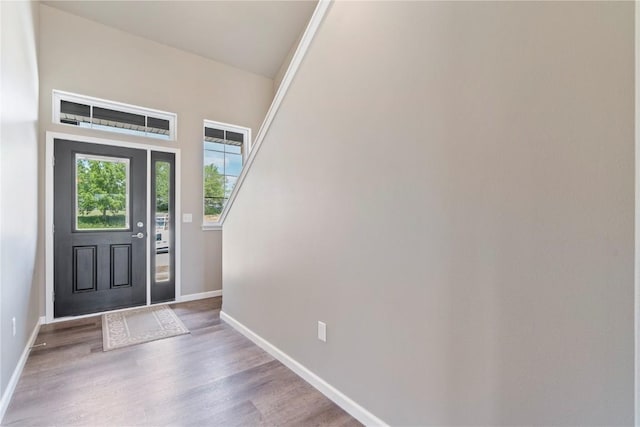 entryway with baseboards and wood finished floors