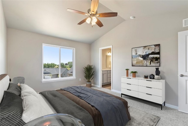 1306 E Gable Way, Tiffin, IA 52340 - bedroom featuring lofted ceiling, baseboards, light colored carpet, ensuite bath, and ceiling fan