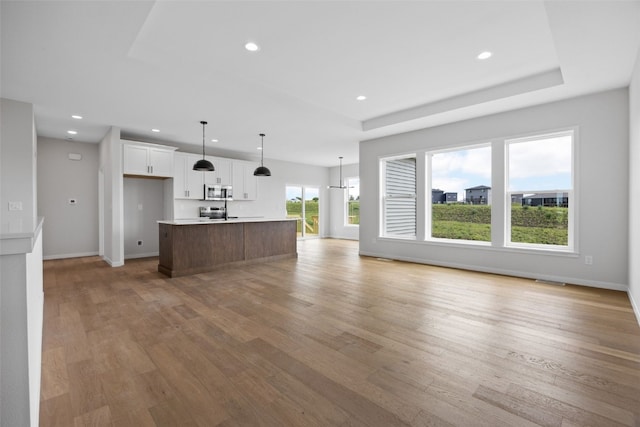1442 Cardinal Dr, Fairfax, IA 52228 - unfurnished living room featuring recessed lighting, light wood-type flooring, and a raised ceiling