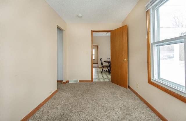 110 SE 12th St, Oelwein, IA 50662 - corridor featuring carpet flooring, visible vents, a textured ceiling, and baseboards