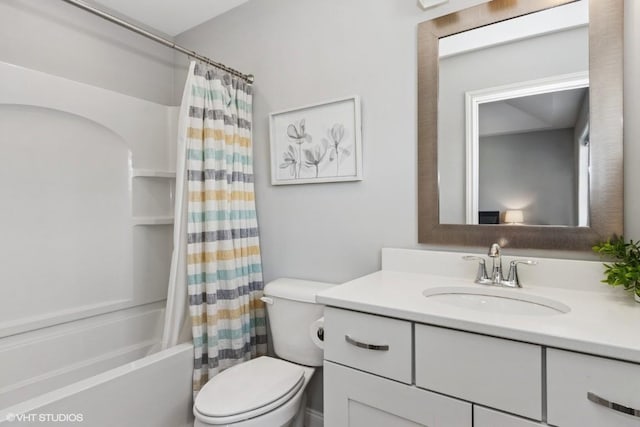 full bathroom with toilet, shower / tub combo with curtain, and vanity