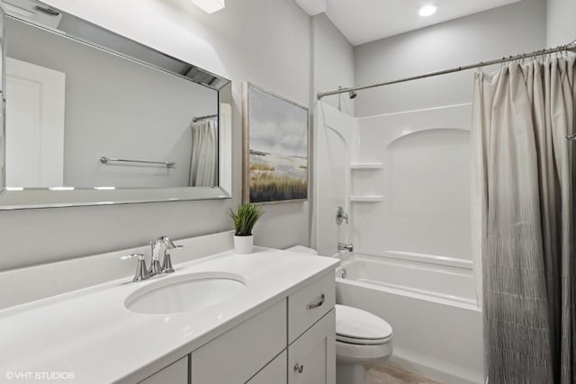 bathroom with toilet, shower / bathtub combination with curtain, and vanity