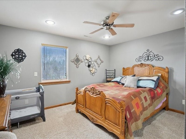 3752 Lacina Dr SW, Iowa City, IA 52240 - bedroom featuring baseboards, recessed lighting, light carpet, and a ceiling fan