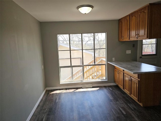 1025 Pawnee Dr NW, Cedar Rapids, IA 52405 - unfurnished dining area with baseboards, dark wood-style floors, and plenty of natural light