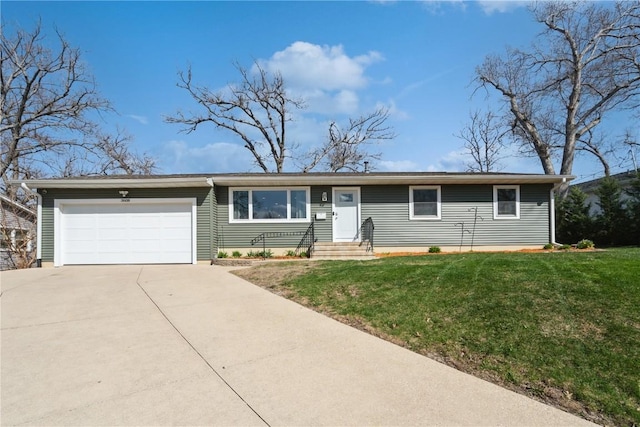 ranch-style home featuring concrete driveway, a front yard, entry steps, and an attached garage