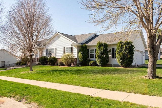 ranch-style home with a garage, a front yard, and a shingled roof