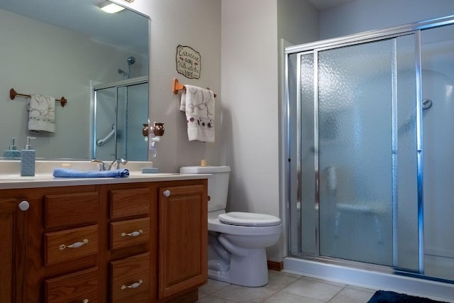 bathroom with tile patterned flooring, toilet, a stall shower, and vanity