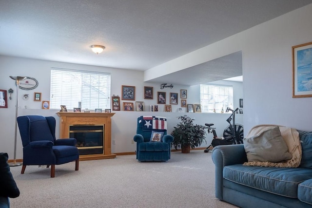 living room with a glass covered fireplace and carpet floors