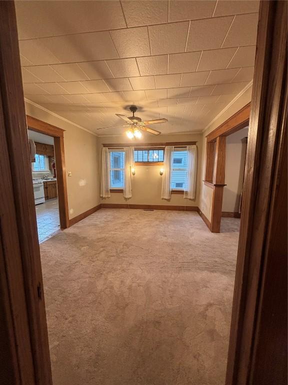 832 Daniels St NE, Cedar Rapids, IA 52402 - unfurnished room featuring light colored carpet, ornamental molding, a ceiling fan, baseboards, and plenty of natural light
