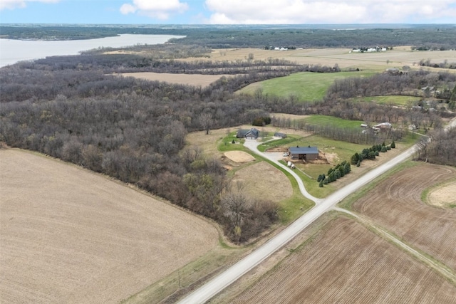 aerial view featuring a water view and a rural view