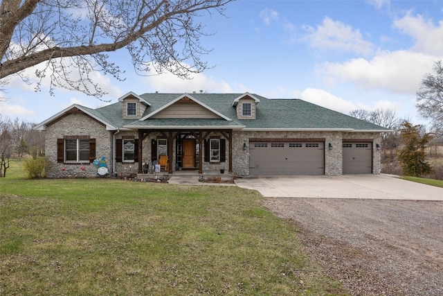 view of front of house with concrete driveway, a front lawn, covered porch, a garage, and roof with shingles