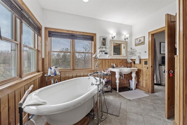 bathroom with a wainscoted wall, wood walls, and a freestanding bath
