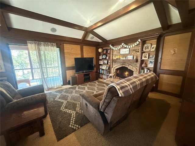 carpeted living room with a brick fireplace, built in features, and lofted ceiling