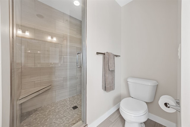 919 Camp Cardinal Rd, Iowa City, IA 52246 - bathroom with a shower stall, toilet, and baseboards