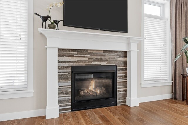 919 Camp Cardinal Rd, Iowa City, IA 52246 - details featuring a glass covered fireplace, wood finished floors, and baseboards