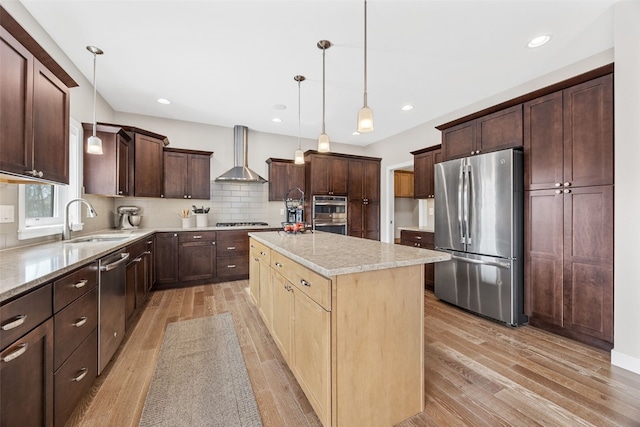 919 Camp Cardinal Rd, Iowa City, IA 52246 - kitchen with wall chimney exhaust hood, stainless steel appliances, light wood finished floors, and a sink