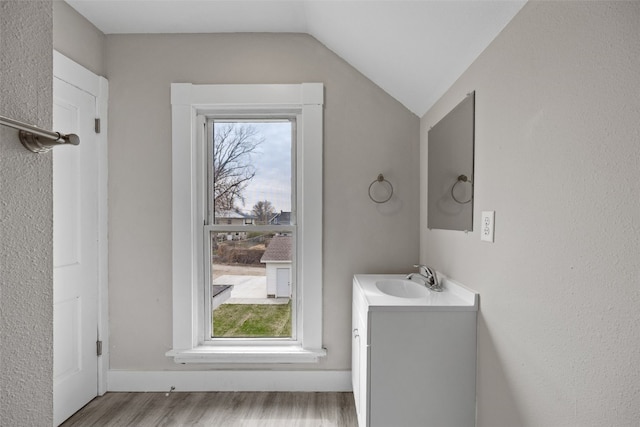 bathroom with wood finished floors, vanity, and vaulted ceiling