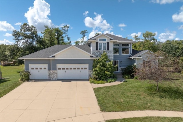 craftsman-style home featuring roof with shingles, driveway, stone siding, a garage, and a front yard
