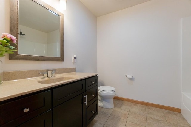 bathroom featuring tile patterned floors, toilet, baseboards, a shower, and vanity