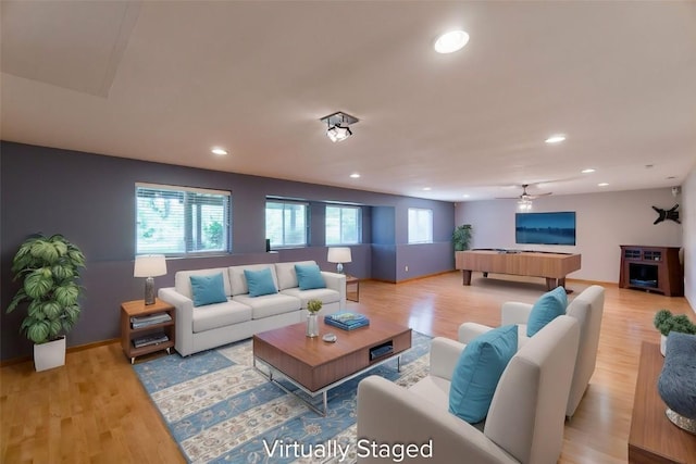 living area with a healthy amount of sunlight, billiards, wood finished floors, and recessed lighting