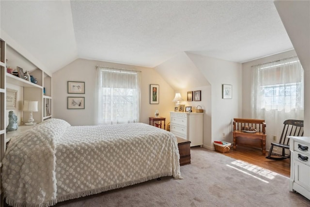 bedroom featuring lofted ceiling, a textured ceiling, and carpet
