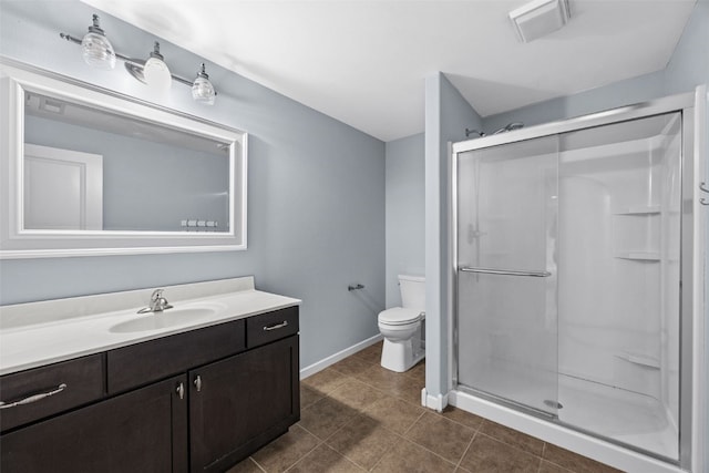 3211 35th Ave, Marion, IA 52302 - bathroom featuring toilet, a stall shower, vanity, baseboards, and visible vents