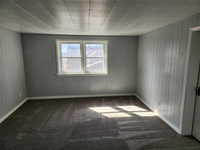 spare room with wood walls and carpet flooring