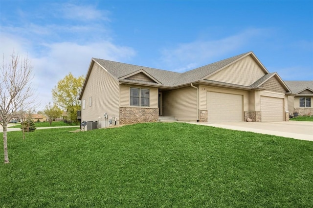 ranch-style house with driveway, a front yard, brick siding, and an attached garage
