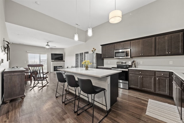 kitchen with open floor plan, a breakfast bar area, stainless steel appliances, and dark brown cabinets