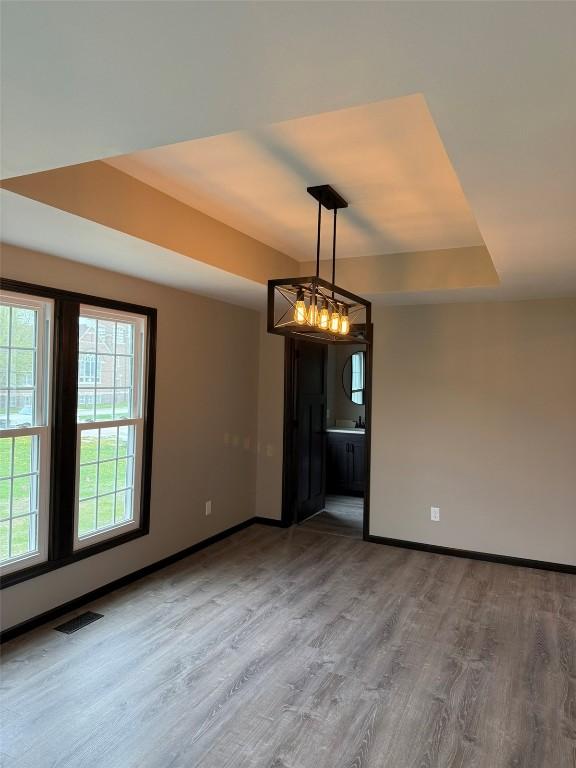 305 E 5th St, Vinton, IA 52349 - spare room with a raised ceiling, wood finished floors, visible vents, and baseboards