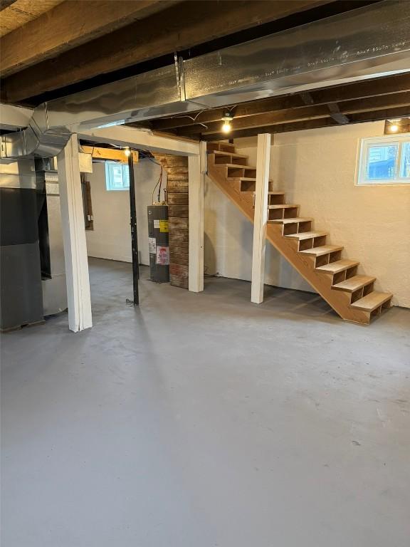 305 E 5th St, Vinton, IA 52349 - basement with heating unit, stairs, and electric water heater