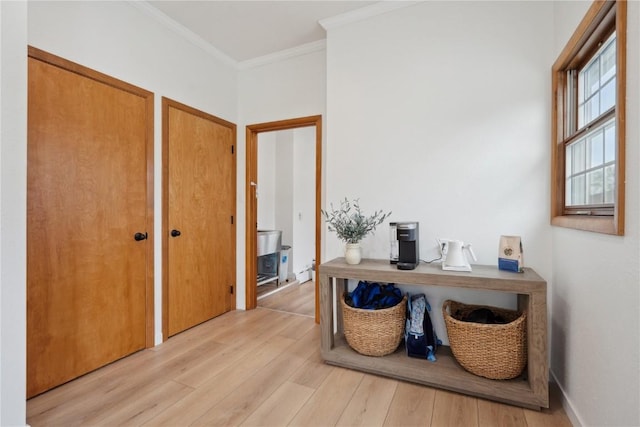 corridor with crown molding and light wood-style floors