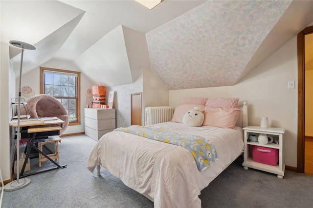 carpeted bedroom featuring radiator heating unit, vaulted ceiling, and baseboards