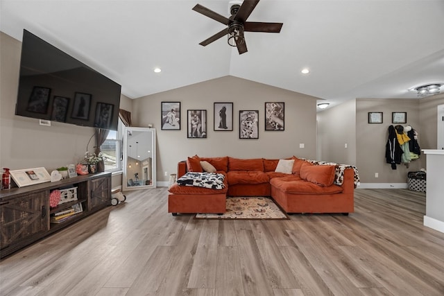 5116 Ruhd St SW, Cedar Rapids, IA 52404 - living room with ceiling fan, lofted ceiling, light wood-style flooring, and recessed lighting