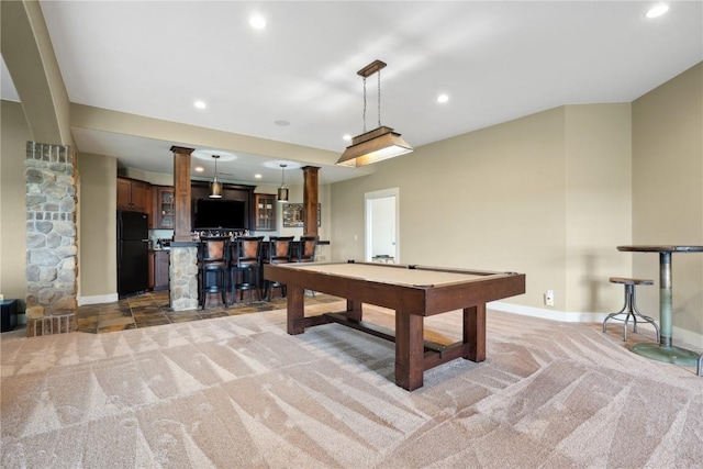 recreation room with baseboards, recessed lighting, light colored carpet, pool table, and wet bar