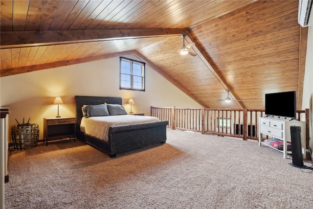bedroom featuring wooden ceiling, vaulted ceiling, and carpet
