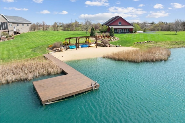 view of dock featuring a water view and a lawn