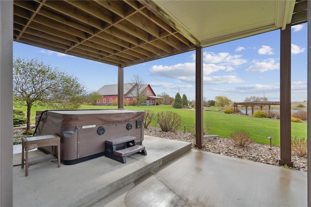 view of patio featuring a hot tub