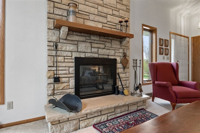 5823 Timber Creek Rd, Cedar Rapids, IA 52411 - carpeted living room featuring baseboards and a fireplace