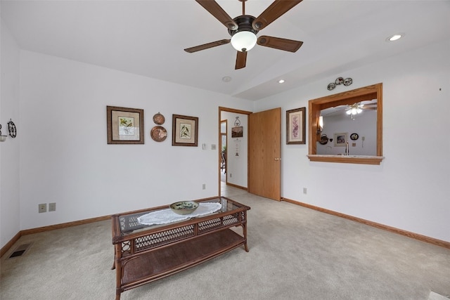 5823 Timber Creek Rd, Cedar Rapids, IA 52411 - living area featuring light colored carpet, ceiling fan, and visible vents
