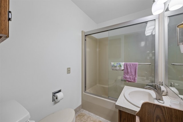 5823 Timber Creek Rd, Cedar Rapids, IA 52411 - bathroom featuring vanity, toilet, tile patterned floors, baseboards, and bath / shower combo with glass door