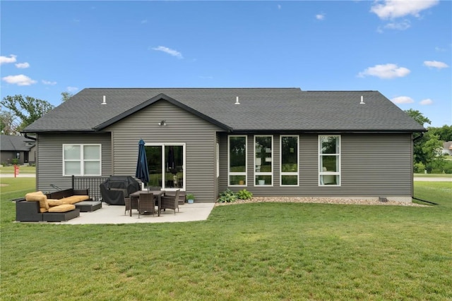 3120 Timber Ridge Ct, Hiawatha, IA 52233 - back of property featuring an outdoor living space, a patio area, a yard, and a shingled roof