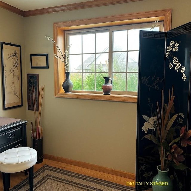 interior space with baseboards, ornamental molding, and wood finished floors