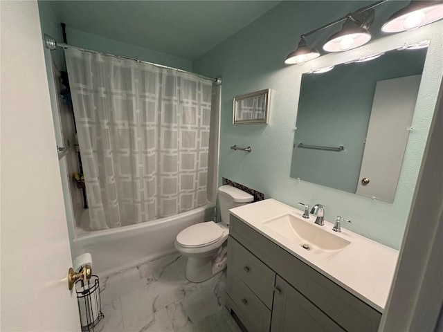 bathroom with vanity, toilet, marble finish floor, and shower / tub combo