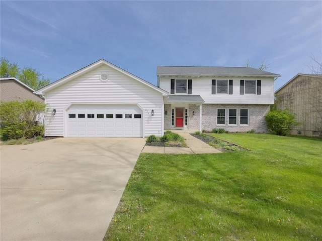view of front of home with an attached garage, concrete driveway, a front lawn, and brick siding