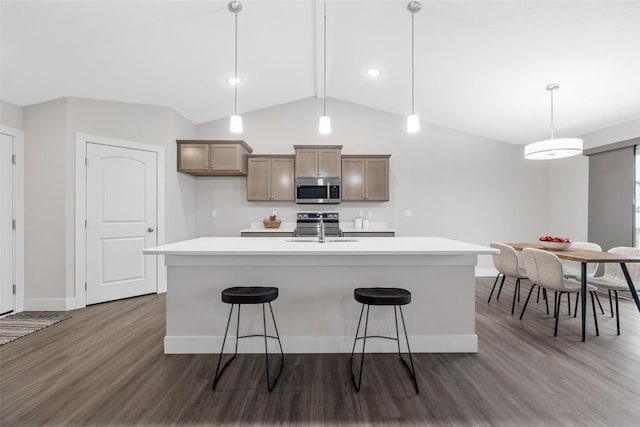 kitchen featuring baseboards, dark wood-style floors, a center island with sink, a sink, and appliances with stainless steel finishes