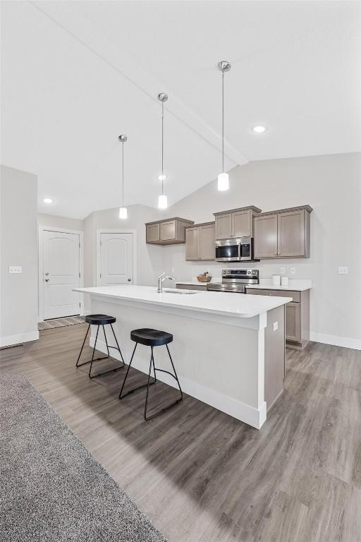 kitchen featuring baseboards, lofted ceiling with beams, stainless steel appliances, and light wood finished floors